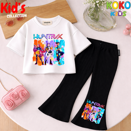Cute Girls Drop Shoulder Tee & Flared Pants Set – Comfy & Chic