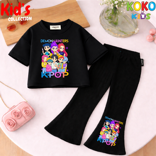 Cute Girls Drop Shoulder Tee & Flared Pants Set – Comfy & Chic