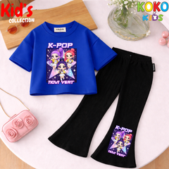 Cute Girls Drop Shoulder Tee & Flared Pants Set – Comfy & Chic