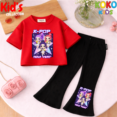 Cute Girls Drop Shoulder Tee & Flared Pants Set – Comfy & Chic