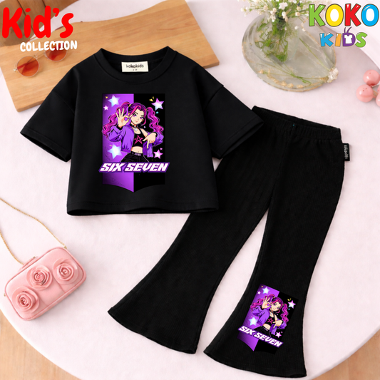 Cute Girls Drop Shoulder Tee & Flared Pants Set – Comfy & Chic