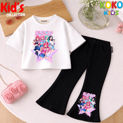 Cute Girls Drop Shoulder Tee & Flared Pants Set – Comfy & Chic