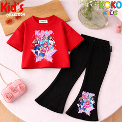Cute Girls Drop Shoulder Tee & Flared Pants Set – Comfy & Chic