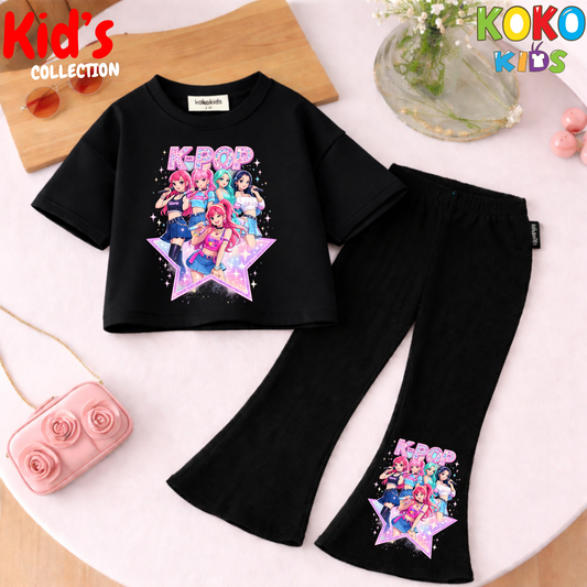 Cute Girls Drop Shoulder Tee & Flared Pants Set – Comfy & Chic