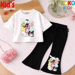 Cute Girls Drop Shoulder Tee & Flared Pants Set – Comfy & Chic