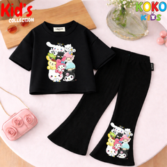 Cute Girls Drop Shoulder Tee & Flared Pants Set – Comfy & Chic