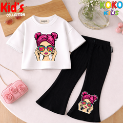 Cute Girls Drop Shoulder Tee & Flared Pants Set – Comfy & Chic
