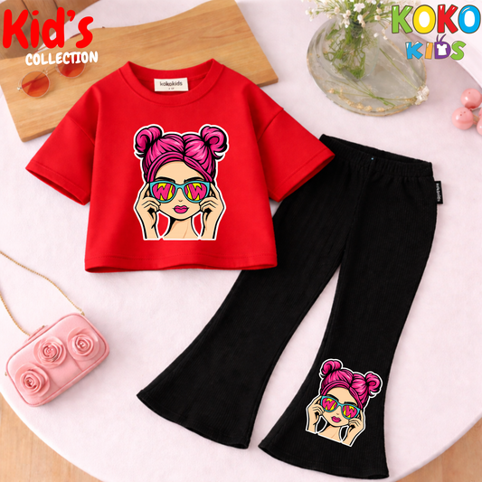 Cute Girls Drop Shoulder Tee & Flared Pants Set – Comfy & Chic
