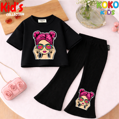 Cute Girls Drop Shoulder Tee & Flared Pants Set – Comfy & Chic