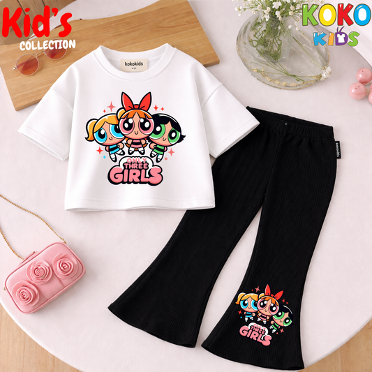 Cute Girls Drop Shoulder Tee & Flared Pants Set – Comfy & Chic