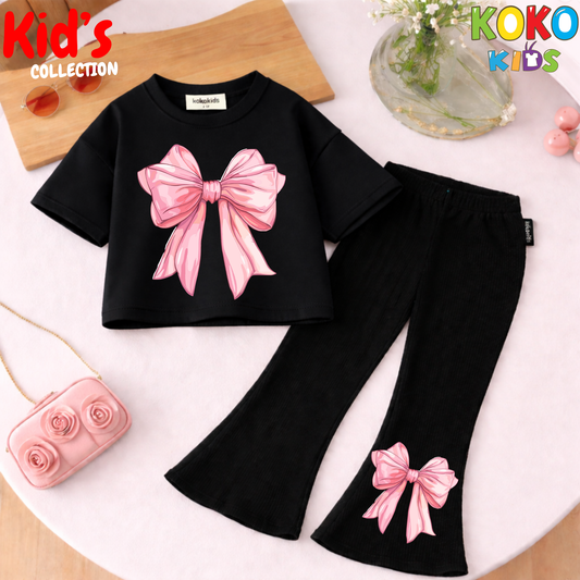 Cute Girls Drop Shoulder Tee & Flared Pants Set – Comfy & Chic