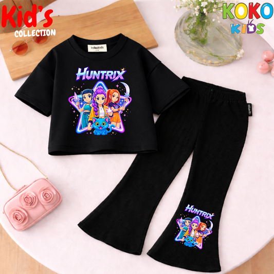 Cute Girls Drop Shoulder Tee & Flared Pants Set – Comfy & Chic