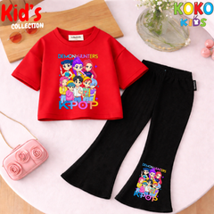 Cute Girls Drop Shoulder Tee & Flared Pants Set – Comfy & Chic