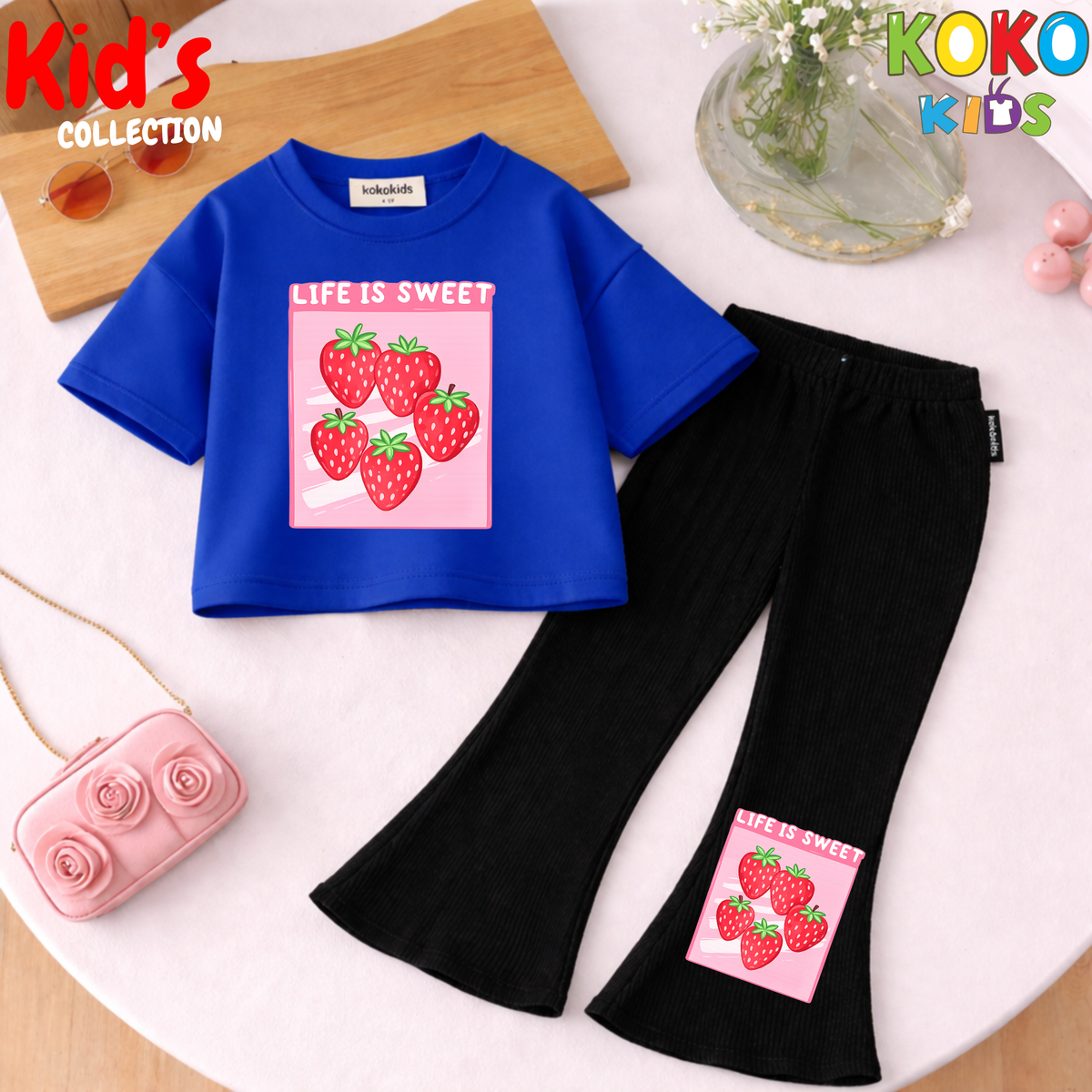 Cute Girls Drop Shoulder Tee & Flared Pants Set – Comfy & Chic